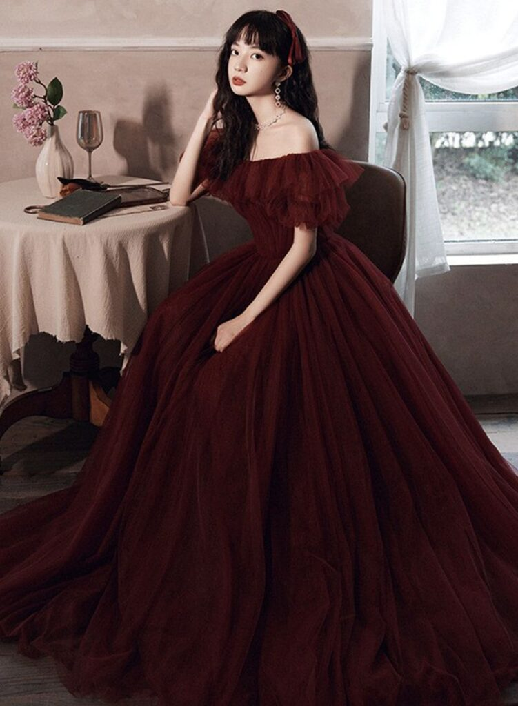 Burgundy Off The Shoulder Tulle Party Evening Dress,A Line Long Prom Dress cc2786