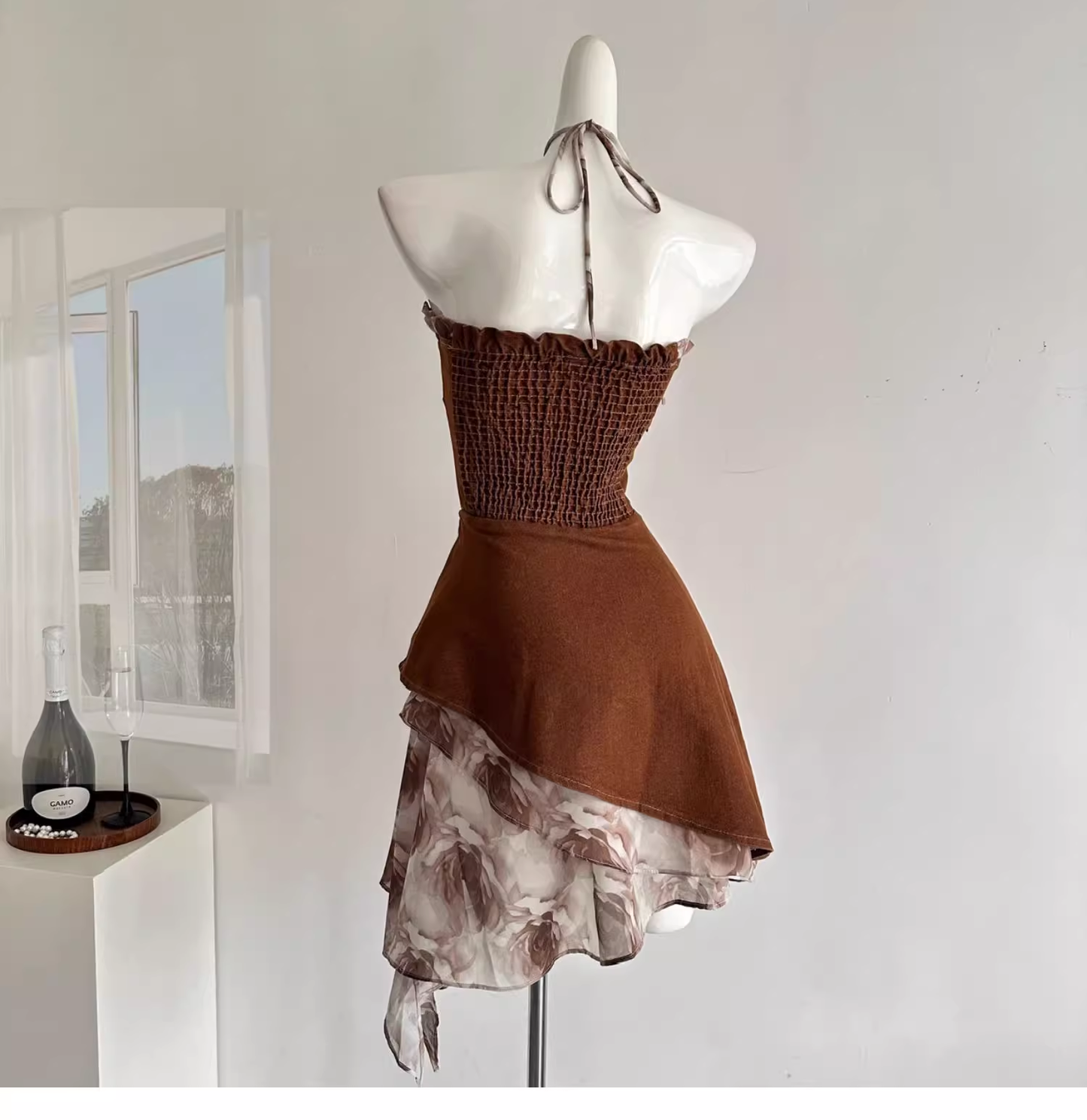 Vintage Strapless Women's Brown Denim Short Party Dress cc3063