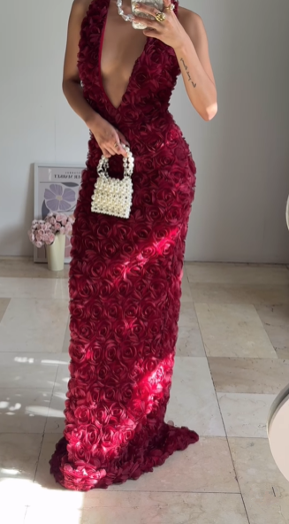 Gorgeous Deep V Burgundy Rose Flowers Long Party Evening Dress,Sheath Prom Dress cc2932