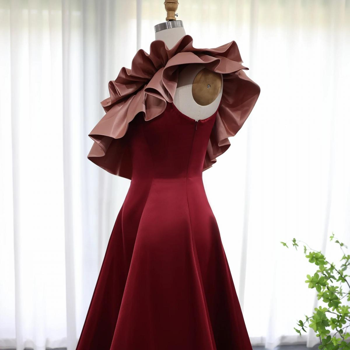 Red Ruffled Neckline A-line Evening Dress cc919