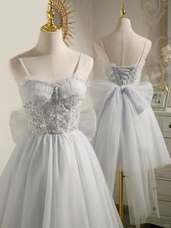 Sweet Light Blue Tulle Beaded Short Homecoming Dress Birthday Outfits With Bow cc3427