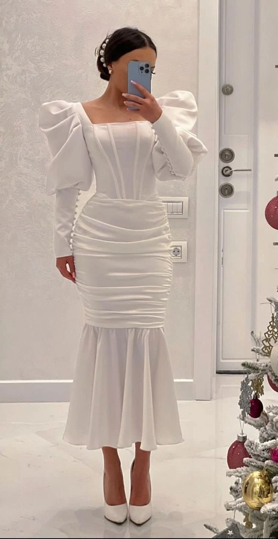 Vintage White Square Neckline Mermaid Prom Dress,White Reception Dress cc587