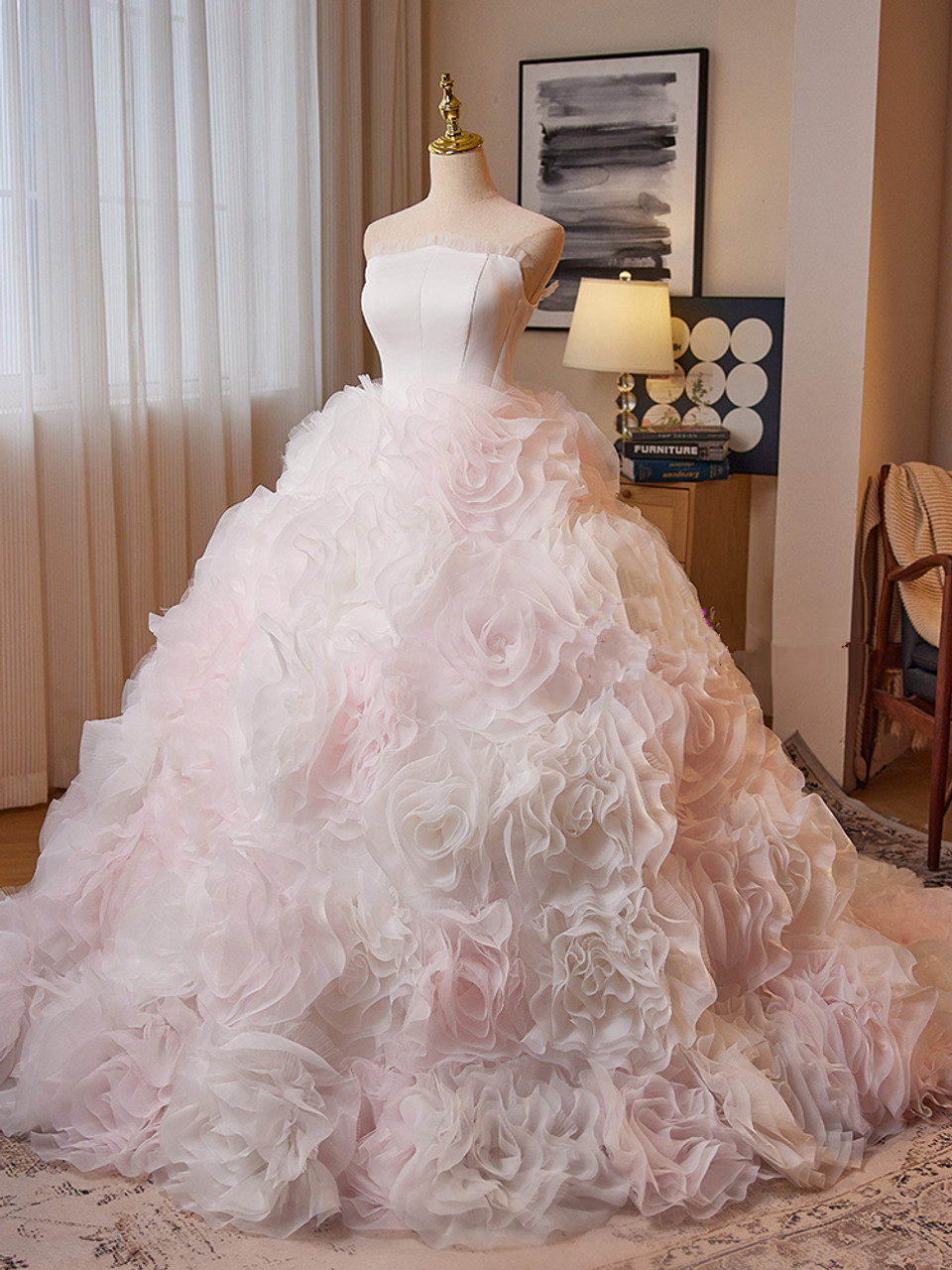 Gorgeous Tulle Rose Flower Strapless Quinceanera Dress Sweet 16 Ball Gown cc2219