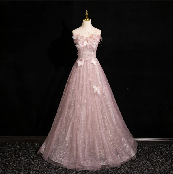 Pink Tulle Sequins Off the Shoulder Butterfly Flower Prom Dress Sweet Ball Gown cc2431