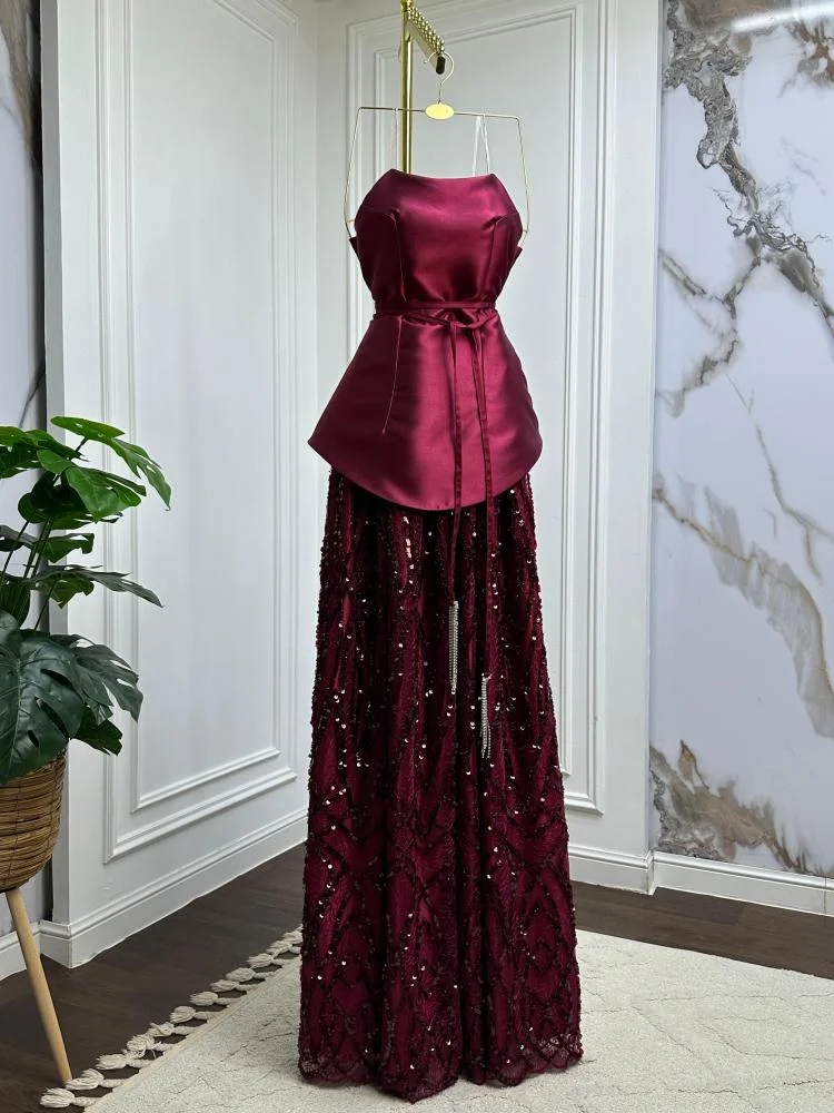 Vintage Burgundy Satin Sequin Evening Dress Formal Prom Dress cc3013