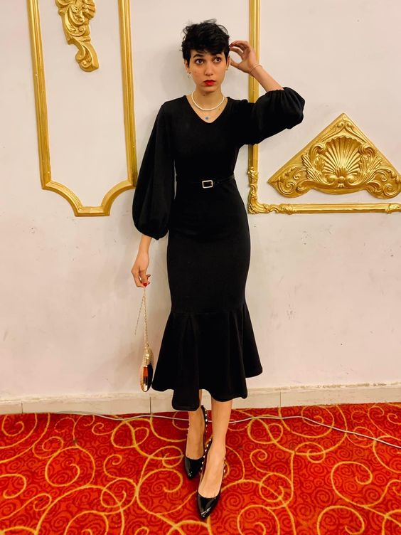 Elegant Black Long Sleeves Mermaid Prom Dress,Black Evening Dress cc1075