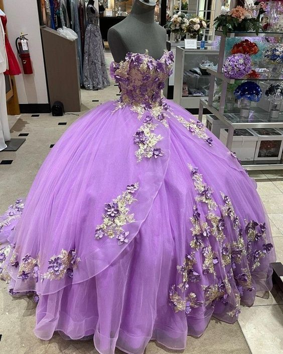 Lilac Puffy Ball Gown Quinceanera Dresses Off The Shoulder Champagne Applique Pearls 3D Flowers Sweet 16 Girls cc589