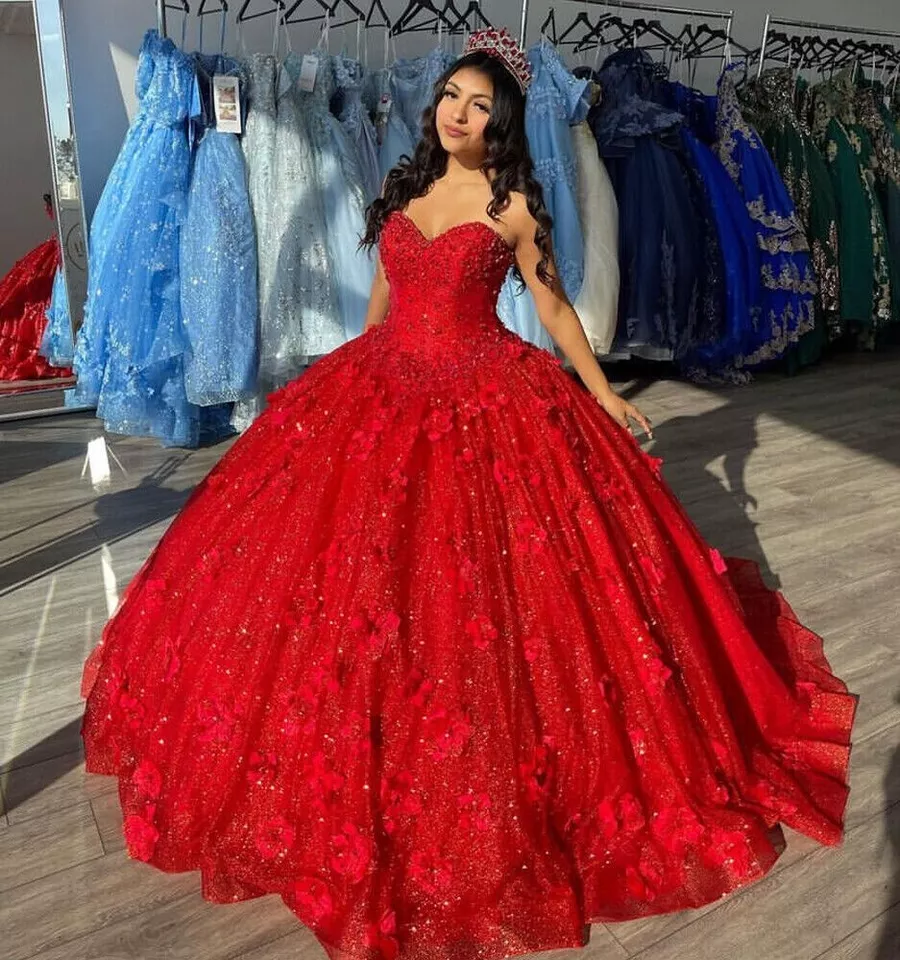 Classy Strapless Red Sequin Tulle Appliques Ball Gown ,Formal Sweet 16 Dress cc2672