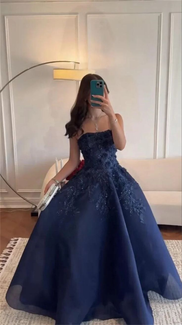 Gorgeous Navy Blue Strapless Appliques Evening Dress Birthday Ball Gown cc2735