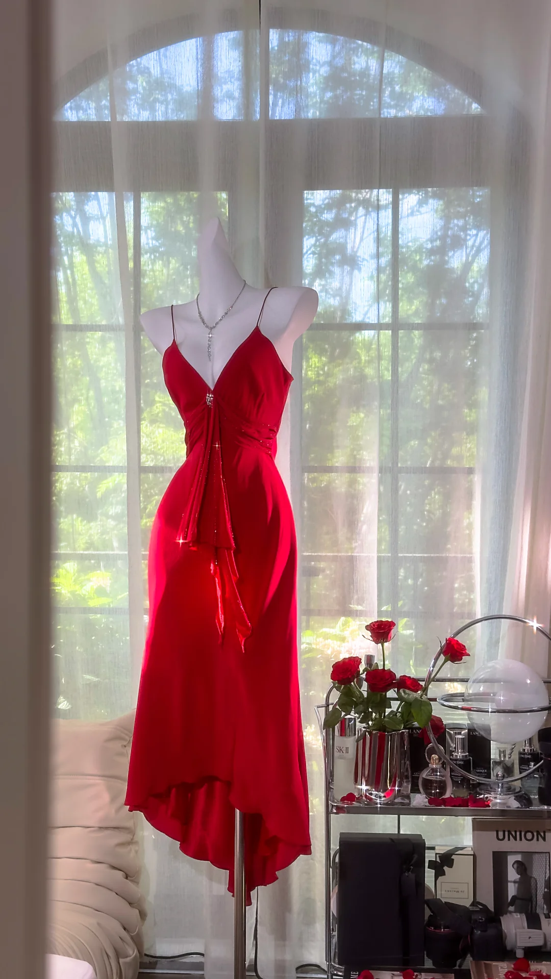 Pretty V Neck Red Birthday Party Dress Spaghetti Straps Mermaid Evening Dress cc3336
