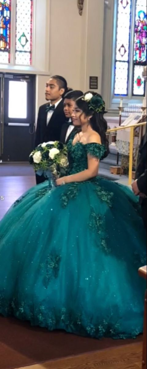 Off The Shoulder Green Ball Gown Sweet 16 Dress c2773
