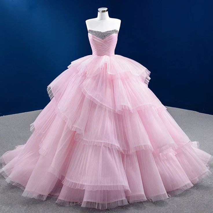 Luxurious Pink Tulle Beaded Layered Ball Gown Sweet 16 Dress Quinceanera Dress cc2242