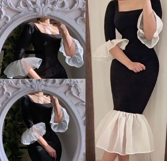 Elegant White And Black Stitching Dress, Midi-length Mermaid Prom Dress cc519
