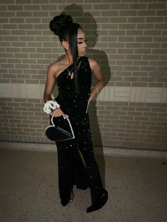 One Shoulder Black Sequins Evening Dress Formal Prom Dress cc2290