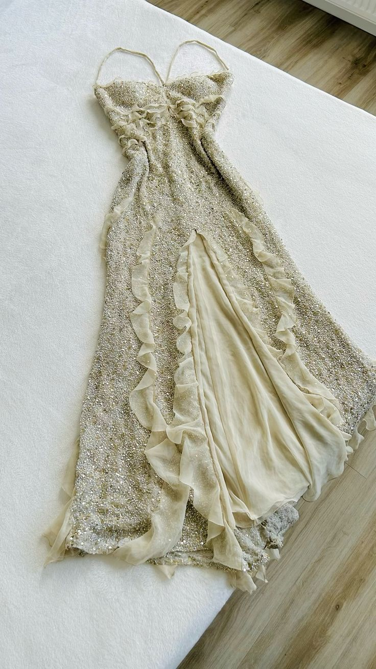 Vintage Sequin Beaded Long Evening Prom Dress Slit Ruffles Party Gown cc2044