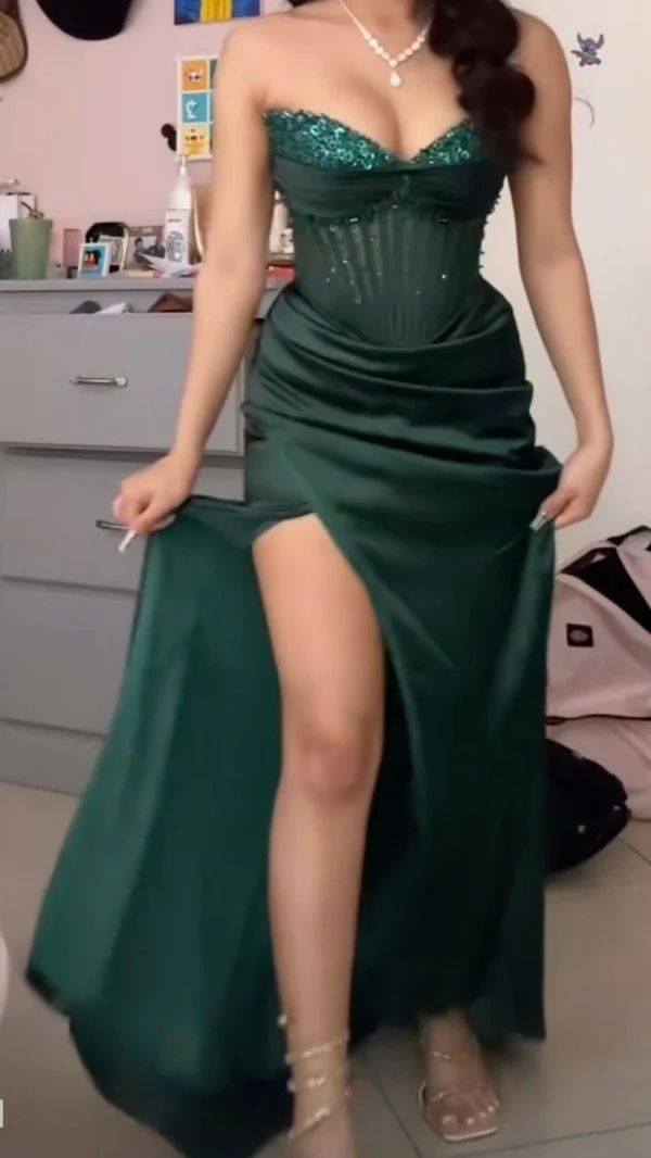 Vintage Green Strapless Sequins Satin Slit Evening Dress,Mermaid Party Prom Dress cc2935