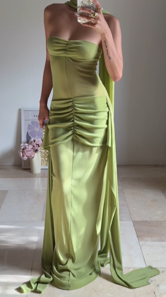 Elegant Green Strapless Ruched Party Dress,Long Prom Evening Dress cc2931