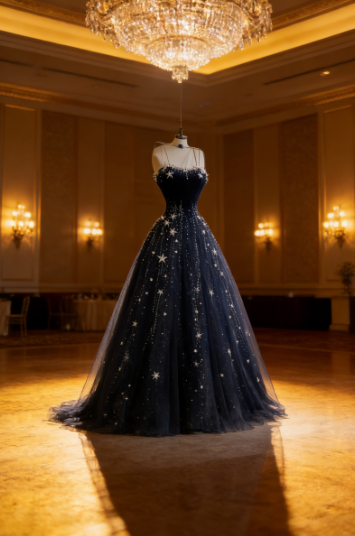 Dreamy Starry Night Navy Blue Star Beaded Tulle Long Prom Dress Evening Dress cc5633