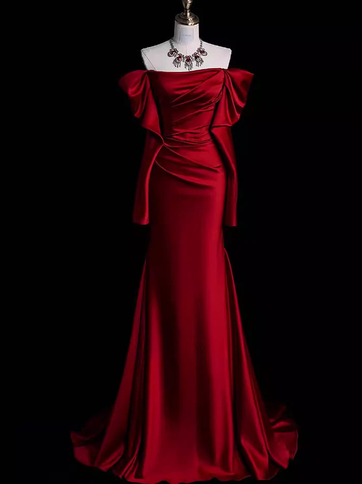 Burgundy Off The Shoulder Mermaid Long Satin Prom Dress Formal Party Evening Gown cc1552