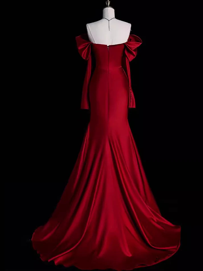 Burgundy Off The Shoulder Mermaid Long Satin Prom Dress Formal Party Evening Gown cc1552