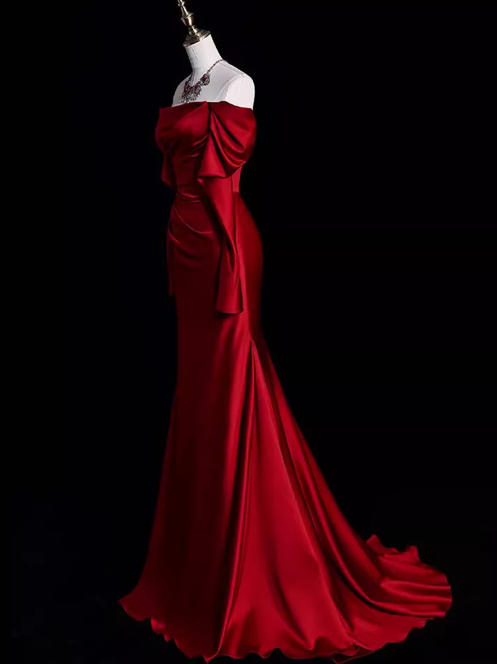 Burgundy Off The Shoulder Mermaid Long Satin Prom Dress Formal Party Evening Gown cc1552