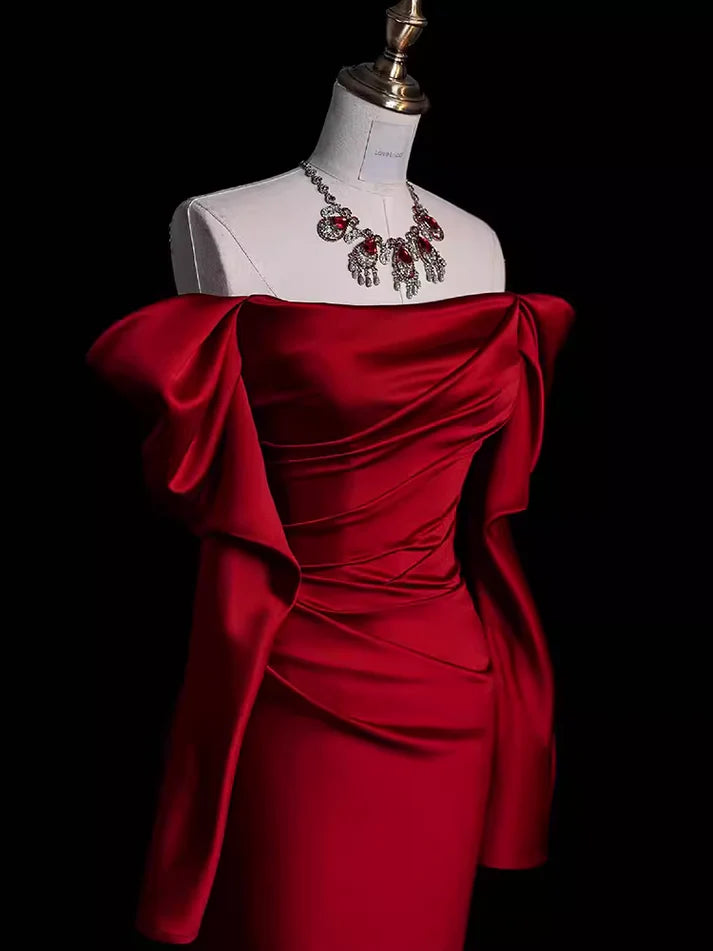Burgundy Off The Shoulder Mermaid Long Satin Prom Dress Formal Party Evening Gown cc1552