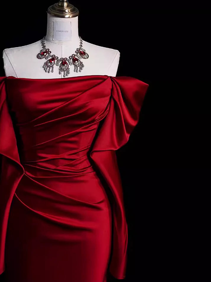 Burgundy Off The Shoulder Mermaid Long Satin Prom Dress Formal Party Evening Gown cc1552