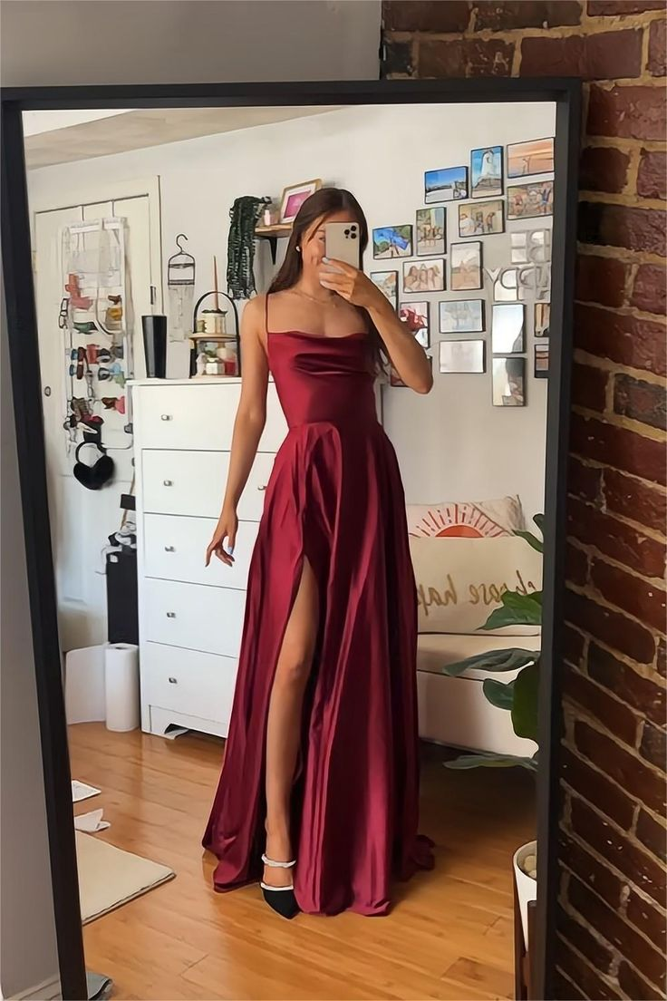 A Line Spaghetti Straps Burgundy Long Prom Dress with Split Front cc510