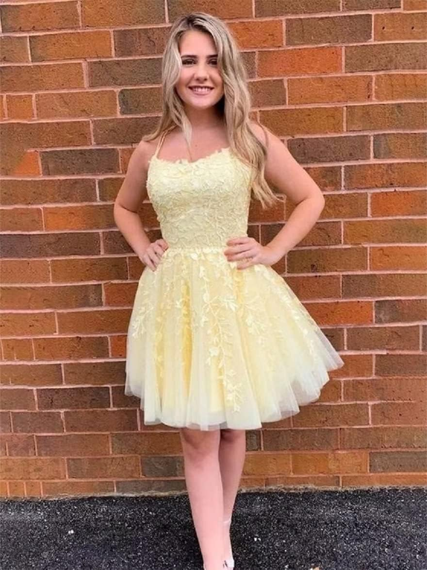 Pretty short A-line yellow homecoming dress with spaghetti straps c2658