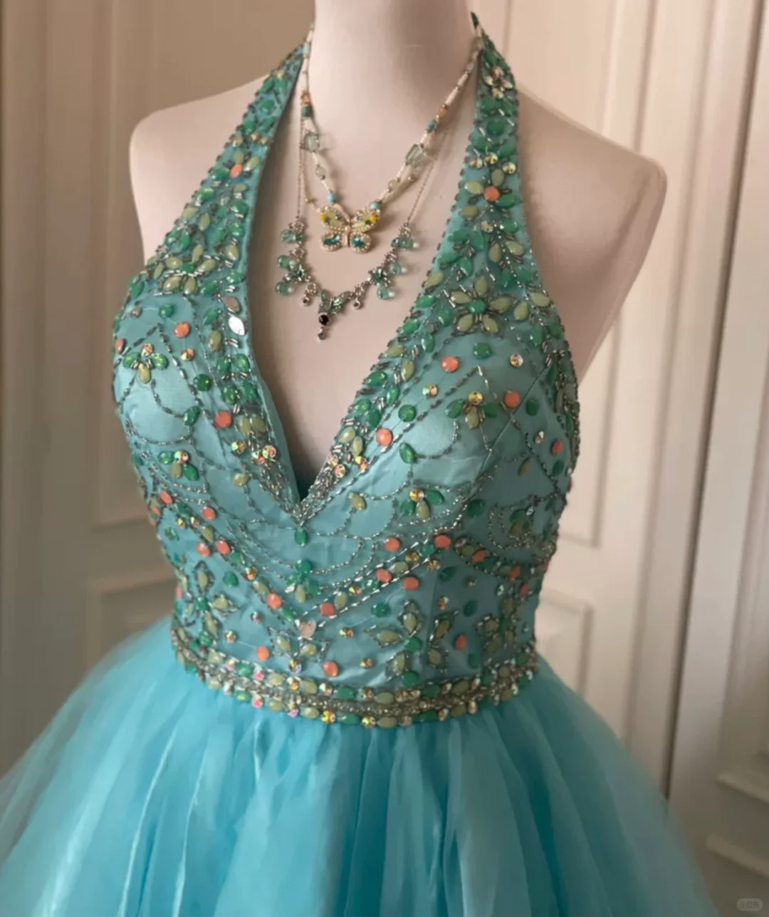 Vintage Blue Halter Tulle Beaded A Line Short Party Dress Formal Homecoming Dress cc3174