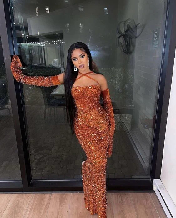 Vintage Orange Sequins Sheath Party Dress Sexy Prom Dress cc2289