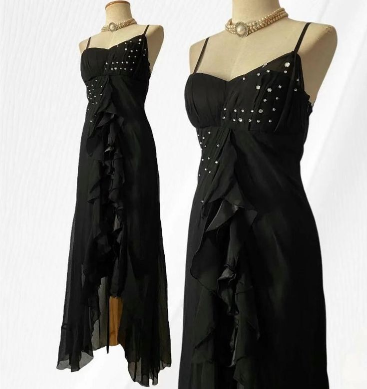 Simple Black Spaghetti Strap Mermaid Chiffon Beaded Prom Dress Evening Dress cc3019