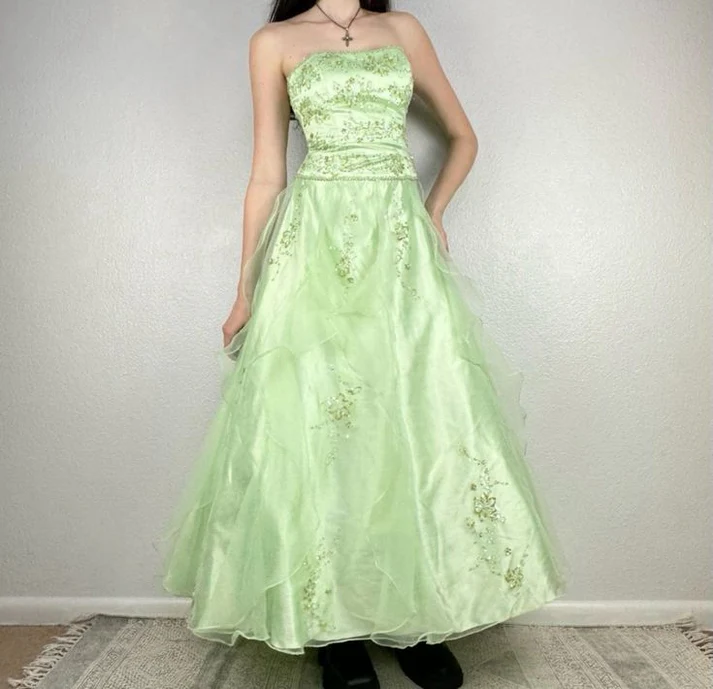 Fashion Light Green Tulle Satin Appliques A Line Long Prom Evening Dress cc2285