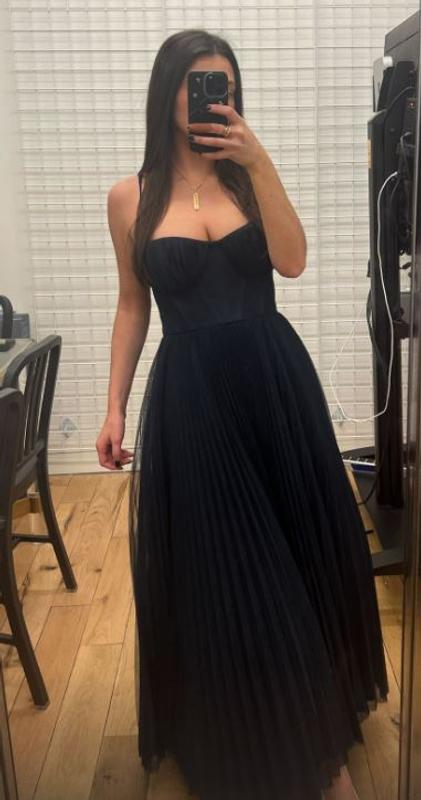 Classy Spaghetti Straps Tulle Pleated A Line Evening Dress,Black Prom Party Dress cc2890