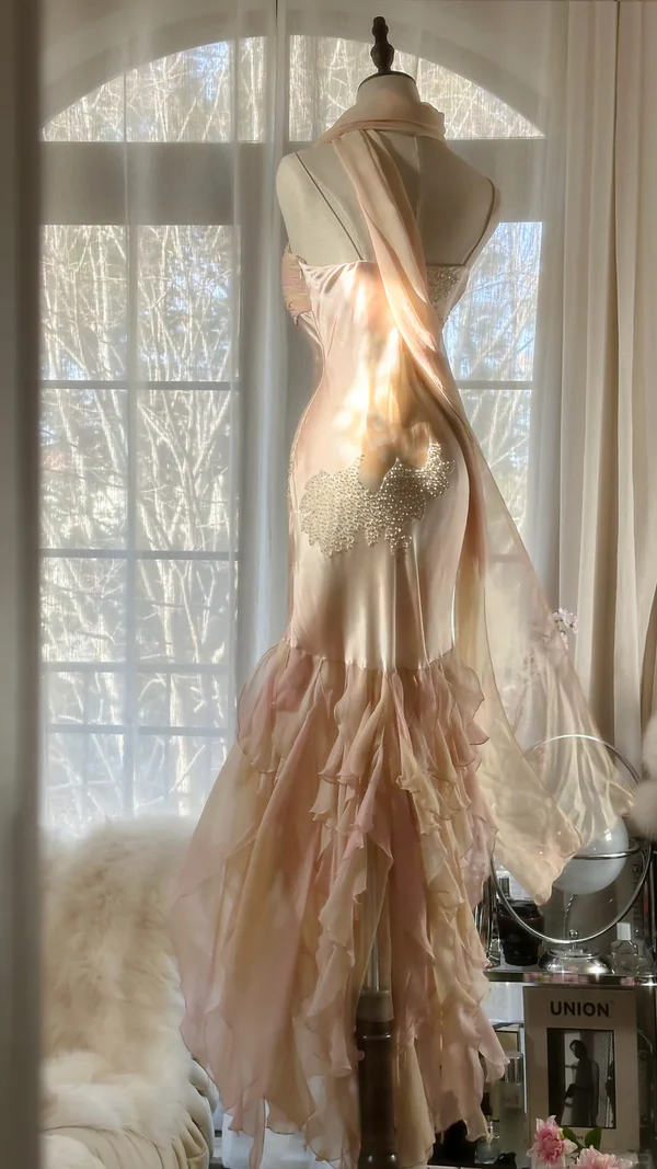 Charming Mermaid Beaded Ruffles Prom Dress,Chiffon Evening Dress cc3007
