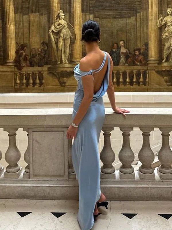 Sexy Blue Backless Evening Dress Long Satin Prom Dress cc2247