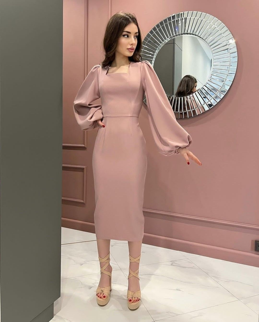 Saudi Arabia Women's Prom Dresses Square Neck Tea Length Formal Dress Temperament Evening Dress cc583