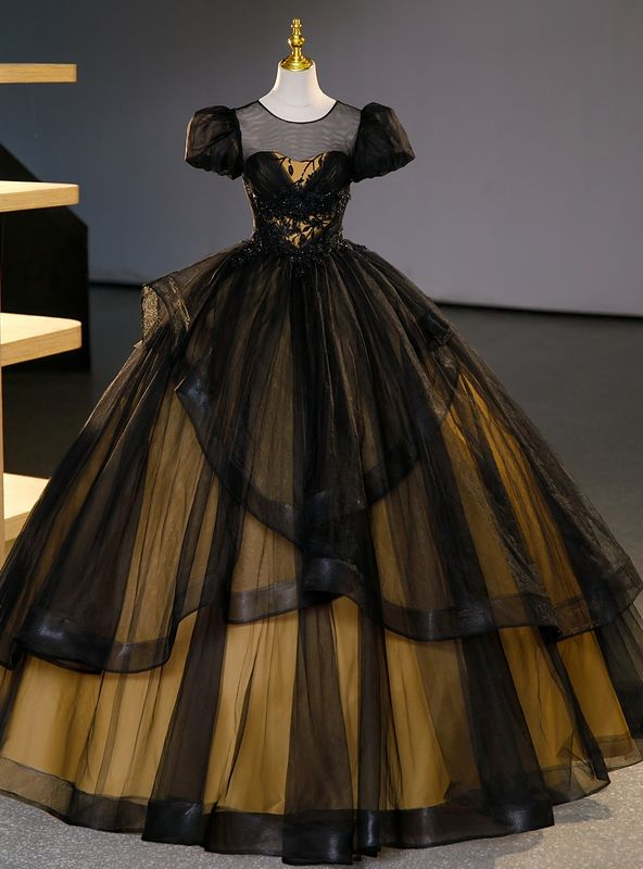 Black Tulle Puff Sleeves Appliques Beading Quinceanera Dress Sweet 16 Ball Gown cc2329