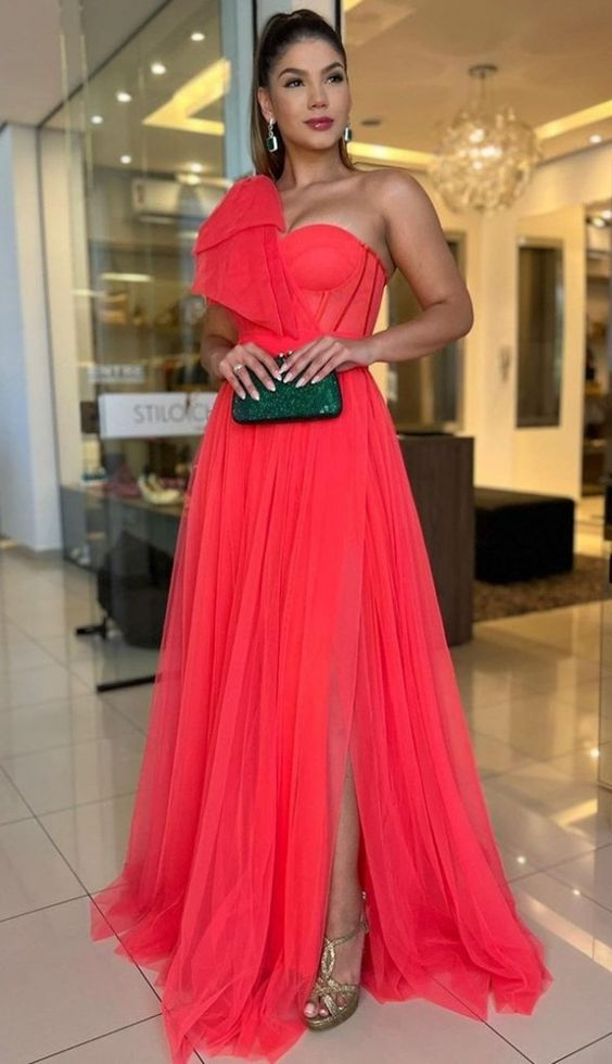 Tulle One Shoulder Long Prom Dresses with High Slit,Formal Graduation Evening Dresses cc795