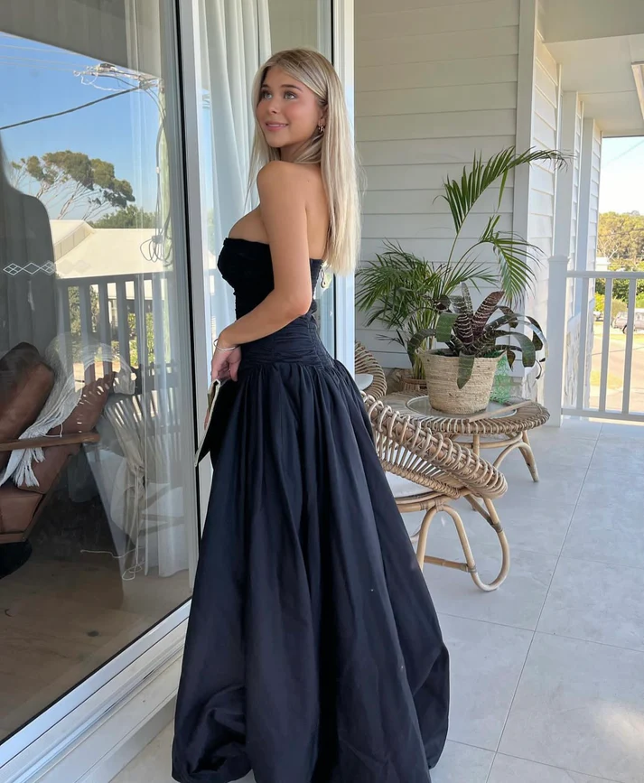 Fashion Black Ruched Slit Party Gown A Line Prom Evening Dress cc2185