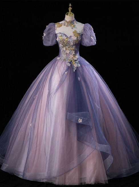 Beautiful Purple Tulle Appliques Quinceanera Dress Sweet 16 Ball Gown cc2330