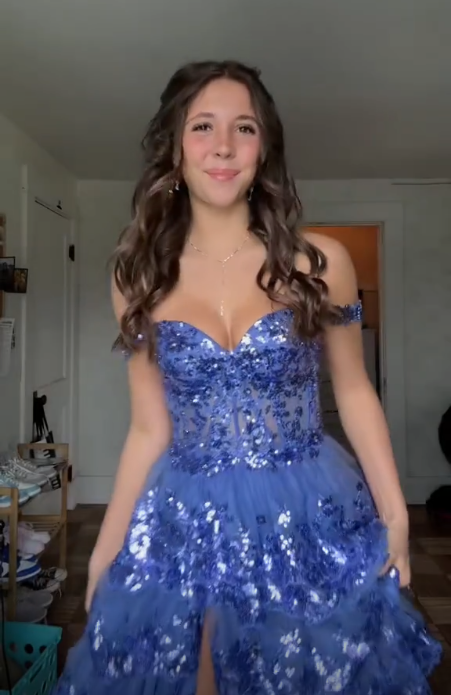 Pretty Blue Tulle Sequins Layered Prom Dress Long Slit Party Evening Gown cc2452