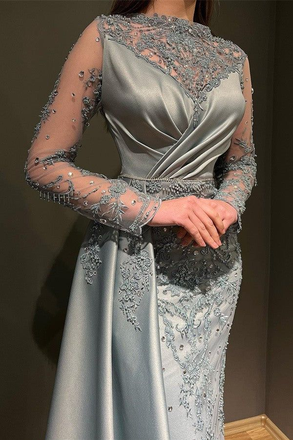 Elegant Long Mermaid Jewel Satin Appliques Lace Beading Prom Dress with Sleeves cc686