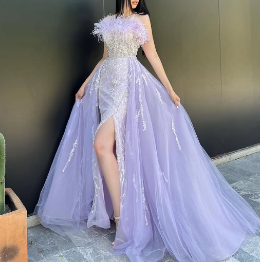 Pretty Lilac Tulle Sequins Mermaid Prom Dress,Slit Long Party Evening Dress cc2979