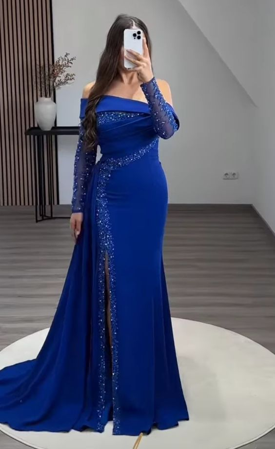 Elegant Blue Sheath Prom Dress With Split,Blue Evening Dress cc1142