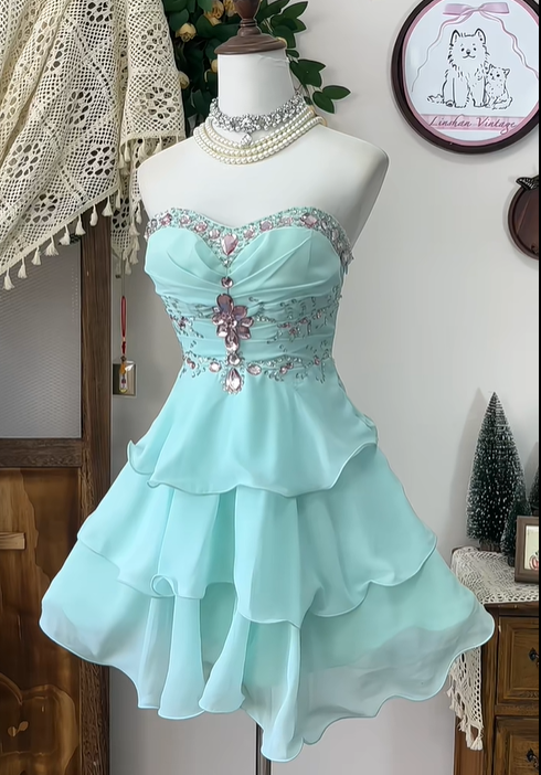 Elegant Strapless Chiffon Beaded A Line Mini Birthday Dress Blue Grade Homecoming Dress cc3110
