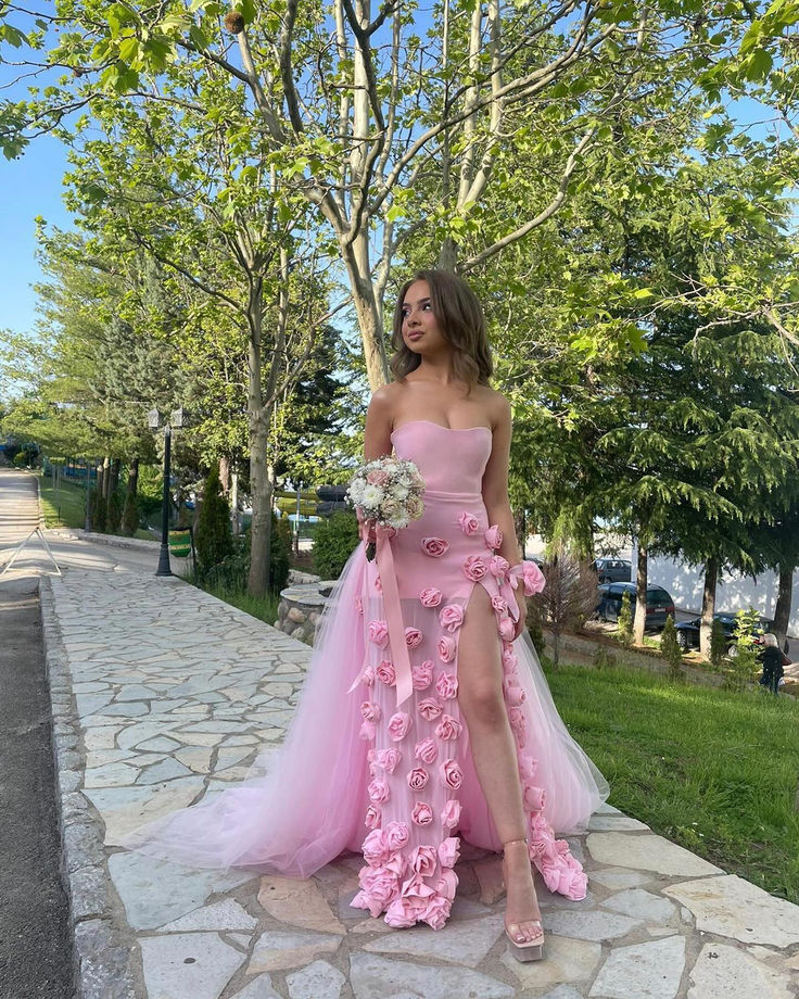 Beautiful Pink Strapless Tulle Rose Flowers Prom Dress Mermaid Slit Evening Dress Wedding Dress cc2084