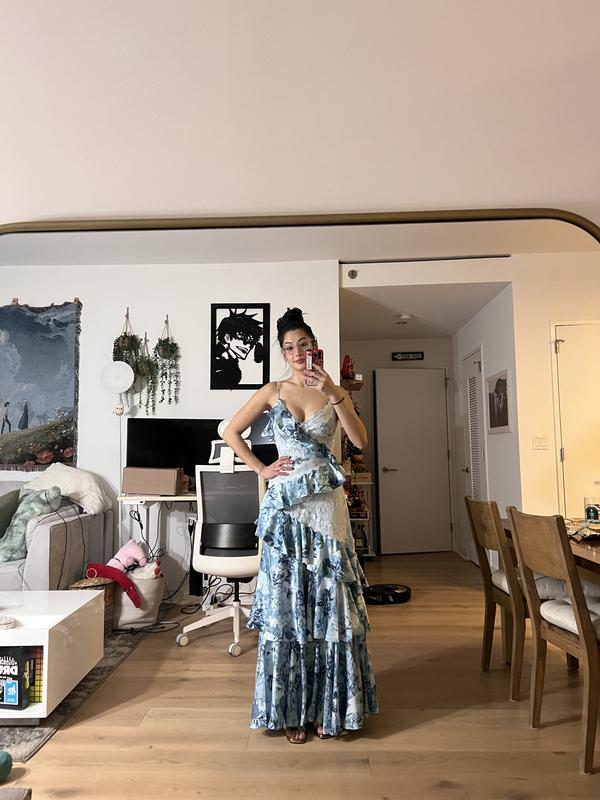 Vintage Blue Satin Print Tiered Ruffles A Line party Dress,Spaghetti Straps Prom Evening Dress cc2894