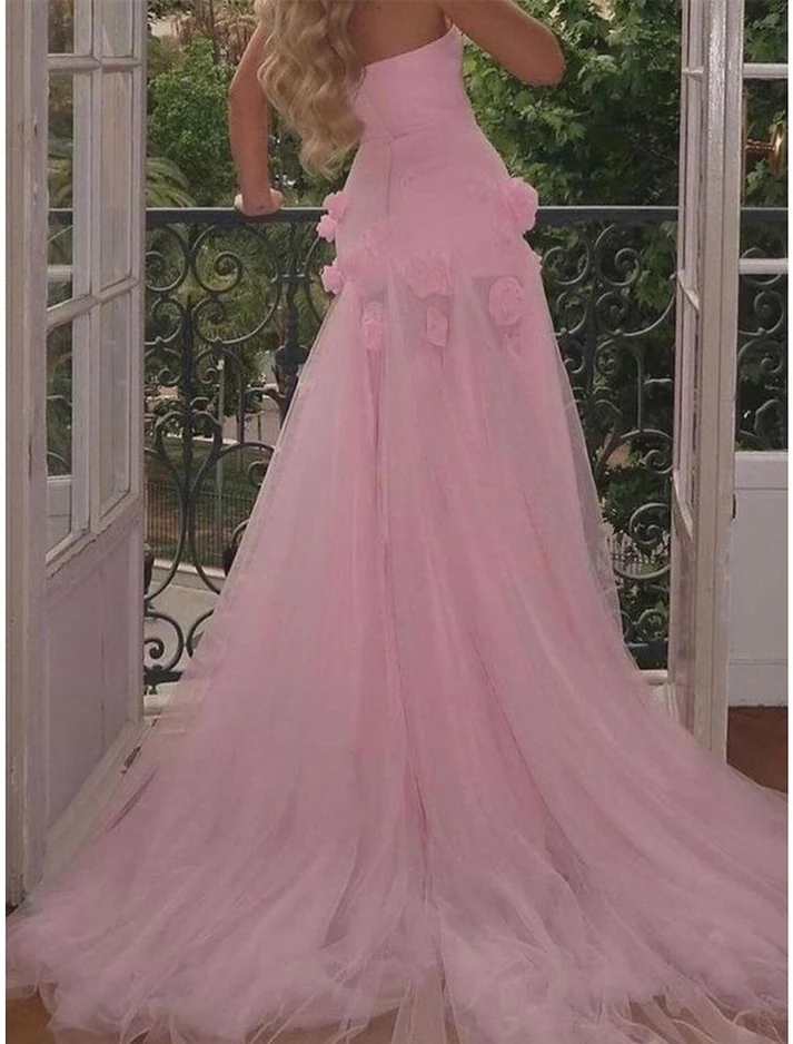 Beautiful Pink Strapless Tulle Rose Flowers Prom Dress Mermaid Slit Evening Dress Wedding Dress cc2084