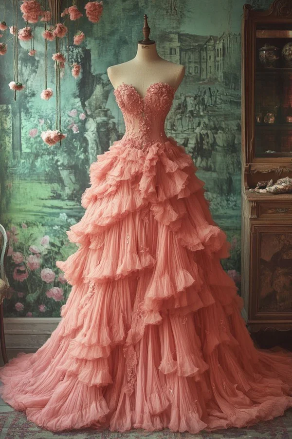 Vintage Pink Sweetheart Neck Tulle Ruffles Long Ball Gown Sweet Beaded Appliques Prom Dress cc2440
